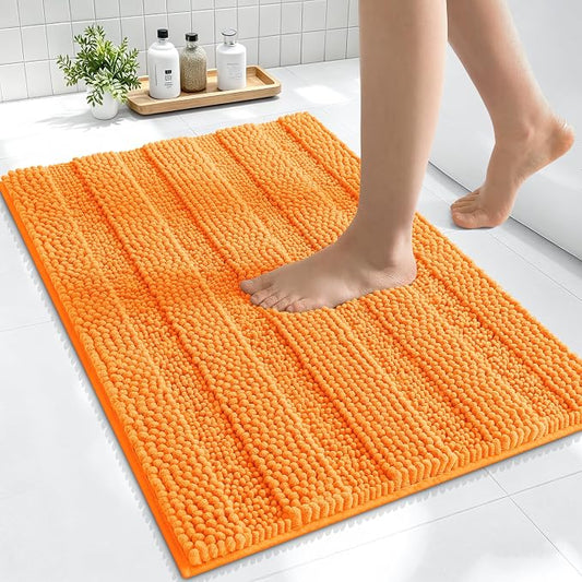 Smiry Thick Small Chenille Bathroom Rugs 24x16, Absorbent Bath Mat, Orange | Quick‑Dry & Machine Washable, Non‑Slip Bath Carpet, Soft Striped Bath Rugs for Tub & Shower, Modern Home Decor Accessories