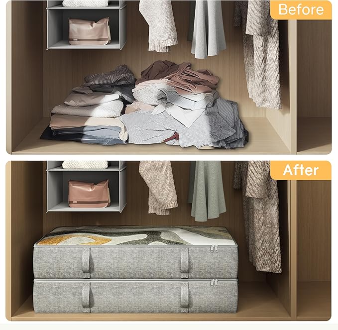2-Pack Under Bed Storage Containers, 6 Inches Tall Clothes Storage, Grey | High Side Collapsible Underbed Organizer Bin with Sturdy Sidewalls/Bottom, Cotton Linen Bins, For Seasonal Clothes & Bedding
