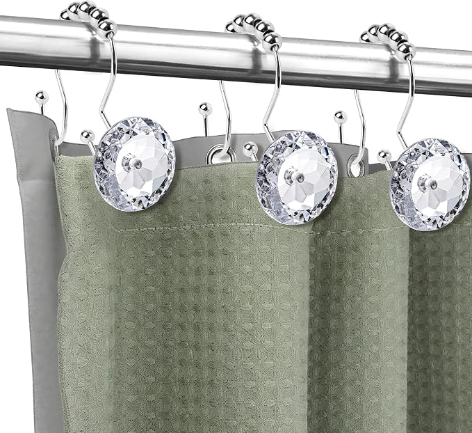 Sunlit Luxury Design Round Clear Diamond Crystal Gem Bling with Glide Balls Double Shower Curtain Hooks, Rust Proof Metal Rhinestones Glam Shower Curtain Rings-12 Pack