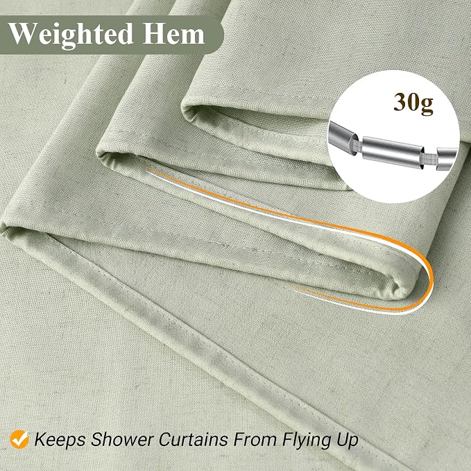 Mist Sage Linen Shower Curtain, Country Boho Farmhouse Bath Decor Shower Curtains Neutral Cloth Weighted Textured Fabric Bath Curtain Liner with Hooks, 72x72