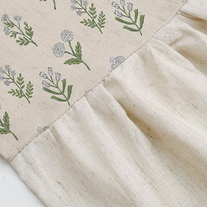 MUGINYU Linen Textured Ruffle Shower Curtain - Vintage Floral Block Print in Beige and Green, Boho Cottagecore Farmhouse French Country Bathroom Decor Set, 72x72 Inches
