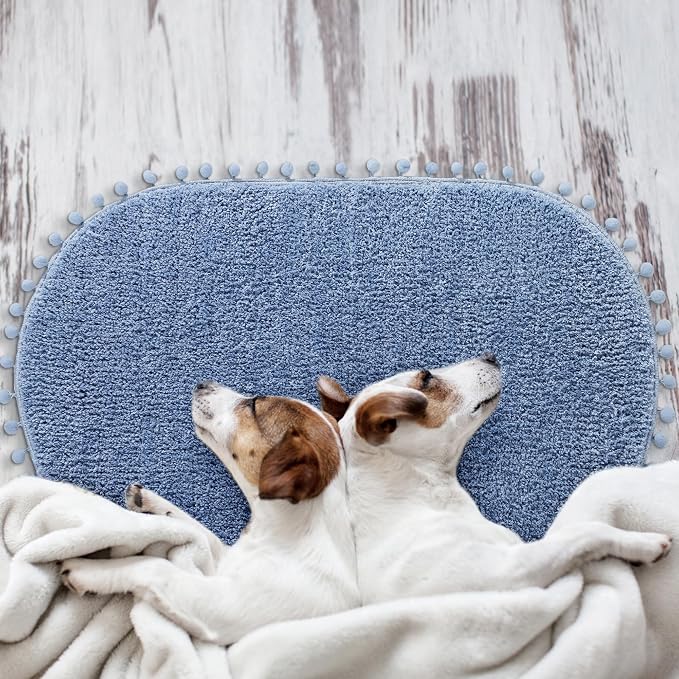 YIRDDEO Oval Rug for Bathroom, Cute Boho Bath Mat with Pom, Dusty Blue | Soft Plush, Absorbent, Quick Dry, Machine Washable, Non Slip Bath Mat for Bathroom Shower Floor Home Decor