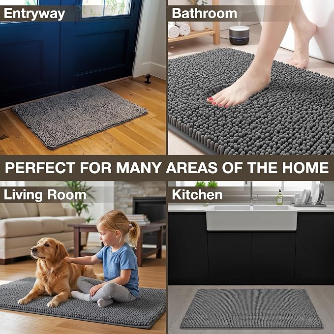 Neater Home Plush Bathroom Rugs 36x24 Thick Chenille Quick Dry Microfiber Absorbent Bath Mat, Soft Bath Rugs, Machine Washable Bathroom Floor Mat for Tub Shower Sink, Home Decor Accessories, Charcoal