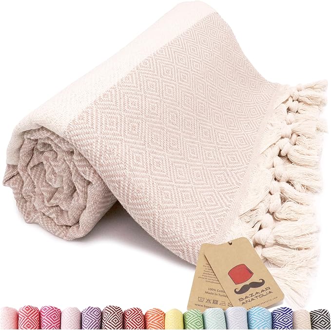 Turkish Beach Towel, 100% Cotton, 71x39 in, Diamond Beige