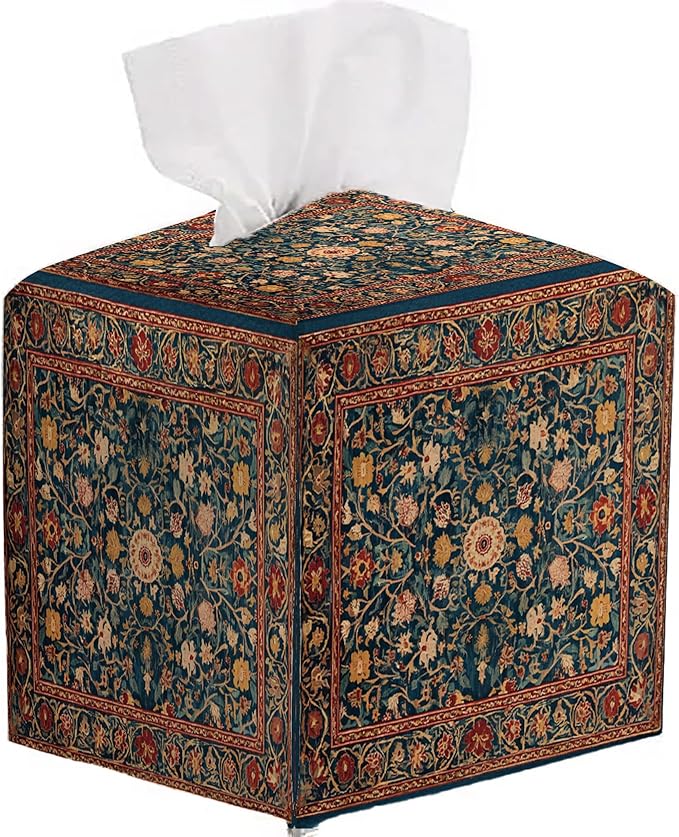 Tissue Box Cover Holder Square - Vintage Boho PU Leather Decorative Organizer, Ethnic Carpet Pattern Design Inspired, with Bottom Belt for Bathroom Car Office Tabletop Home, 5x5 Inch (Blue&Red)