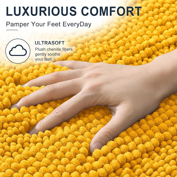 Smiry Thick Small Chenille Bathroom Rugs 24x16, Bath Mat, Golden Yellow | Quick‑Dry & Machine Washable, Non‑Slip Bath Carpet, Soft Striped Bath Rugs for Tub & Shower, Modern Home Decor Accessories