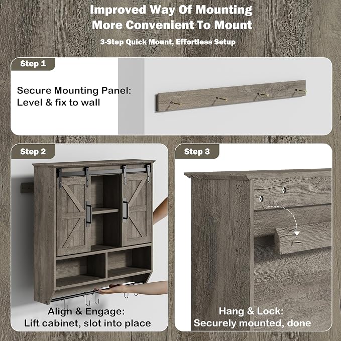 RUSTOWN Farmhouse Bathroom Wall Storage Cabinet with Sliding Barn Doors | 3-Tier, Rustic Wood Wall Mounted Cabinets, Vintage Medicine Cabinet, Adjustable Shelves, Over The Toilet Storage Cabinet