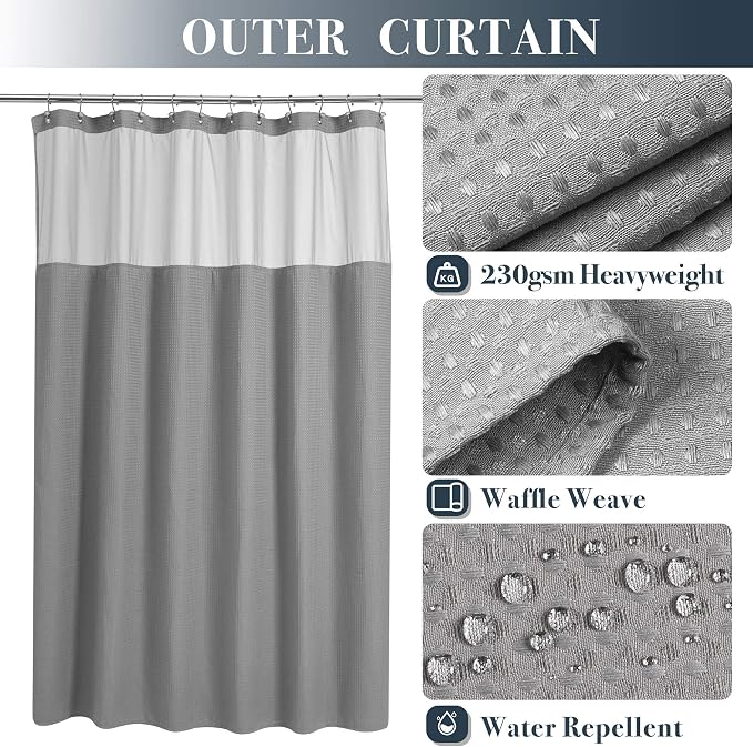 N&Y HOME Extra Long Waffle Shower Curtain with Snap-in Liner Gray, 71x84 | 12 Hooks & Snap on Fabric Liner, Washable, Mesh Window, Hotel Style, 84 inches Length Grey Shower Curtain Set for Bathroom