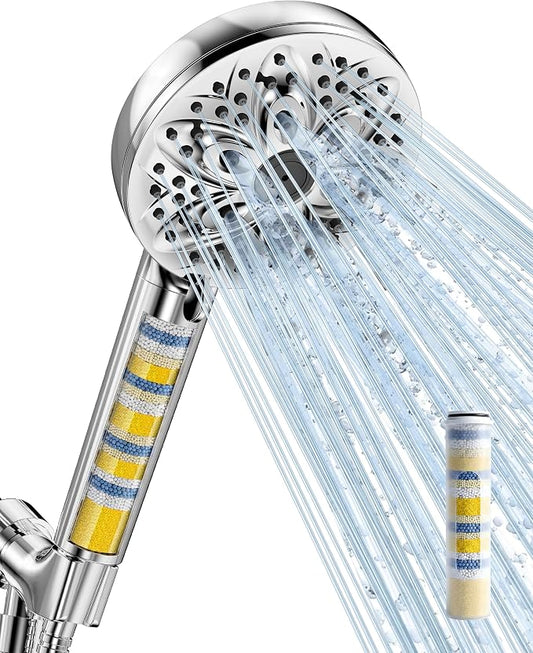 6-Setting Filtered Handheld Shower Head, JDO High Pressure Shower Head with Replaceable Filter Cartridge 4.7 Inch Detachable Showerhead for Chlorine Hard Water Removal 59 Inch Stainless Steel Hose