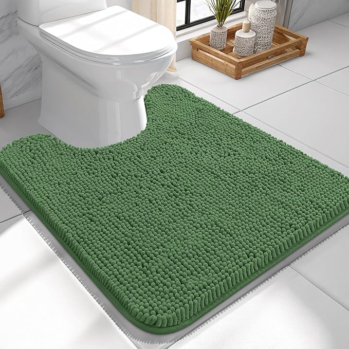 OLANLY Toilet Rugs U-Shaped 24x24, Soft Absorbent Chenille Contour Rugs | Olive Green, Quick-Drying Rubber Backing, Machine Washable Non-Slip Shaggy Bathroom Mat for Toilet, Home Decor Accessories