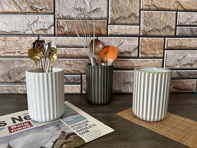 Stoneware Toothbrush Holder for Bathroom Tooth Brush Holder for Bathroom Toothbrush Cup Toothbrush Holders Cute Fluted Vertical Ribbed Stripe (Retro White)