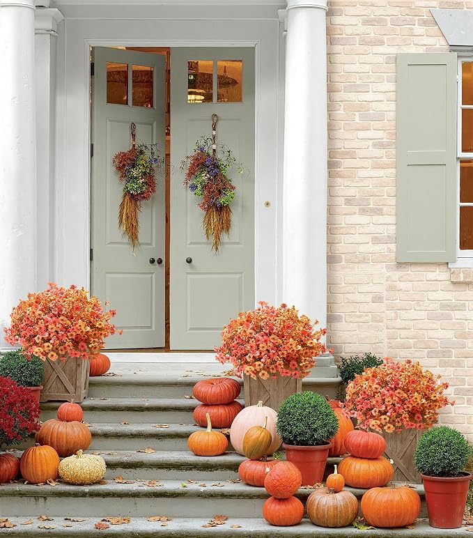 florisso Artificial Fall Flowers Fake Mums for Outdoor Autumn Decor | 12 Bundles Faux Silk Orange Yellow Mums Daisy + 1 Pc Reddish‑Brown Straw, UV Resistant for Outside Home Porch Patio Planter