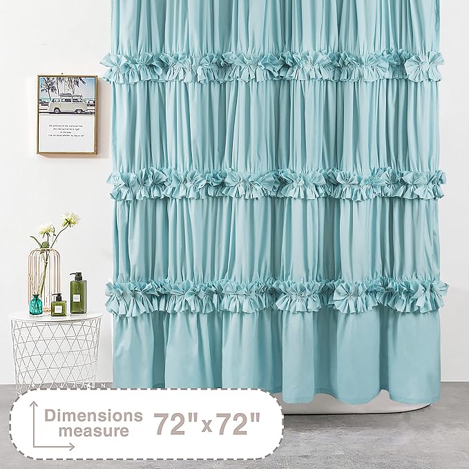 Spa Blue Ruffle Shower Curtain with 12 Buttonholes | Vintage Handcrafted Bow Tie Bath Curtain for Master Bathroom, Ruched Microfiber Bathroom Curtain, 72" W x 72" H (LQ-10)