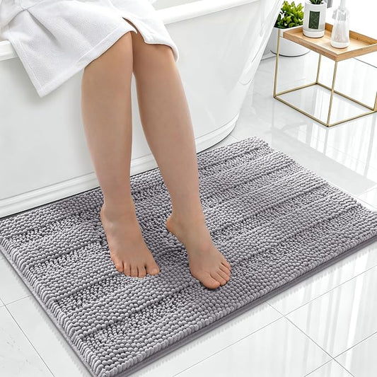 Smiry Thick Chenille Bathroom Rugs 36x24, Soft Absorbent Bath Mat, Grey | Quick‑Dry & Machine Washable, Non‑Slip Bath Carpet, Striped Bath Rugs for Tub & Shower, Modern Home Decor Accessories