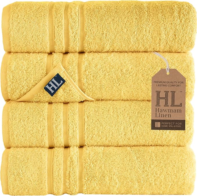 Hawmam Linen Yellow Bath Towels 4 Pack Soft and Absorbent, Premium Quality Perfect for Daily Use 100% Cotton Towel 600 GSM