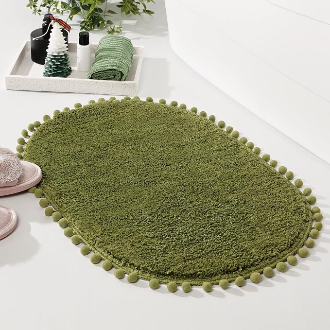 YIRDDEO Oval Rug for Bathroom, Cute Boho Bath Mat with Pom, Olive Green | Soft Plush, Absorbent, Quick Dry, Machine Washable, Non Slip Bath Mat for Bathroom Shower Floor Home Decor