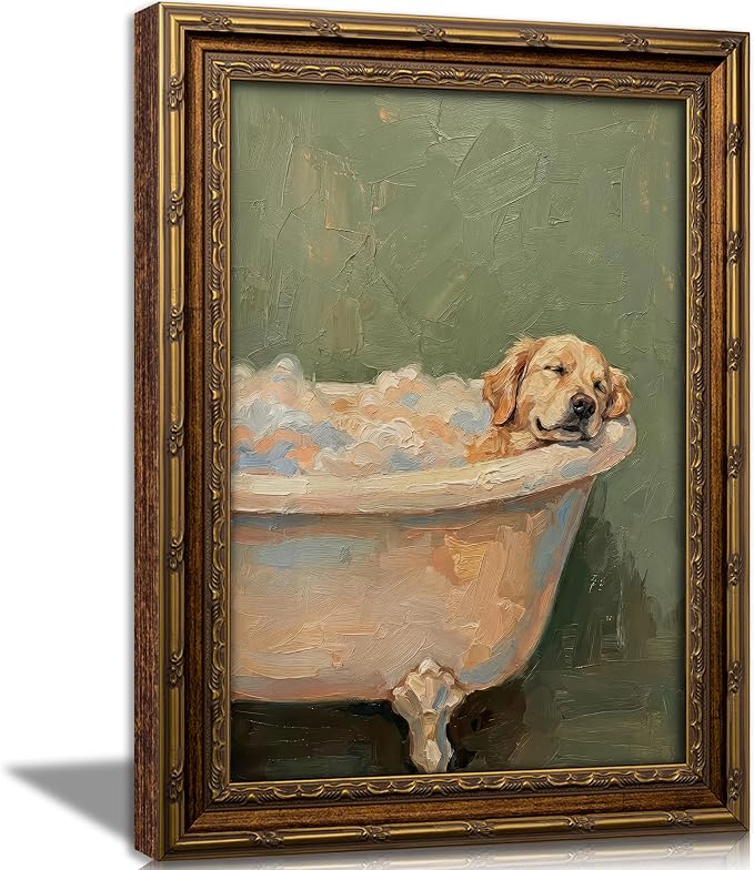 Vintage Gold Framed Funny Dog Bathroom Wall Art, Whimsical Golden Retriever in Bathtub Canvas Print, Cute Animal Bathroom Poster Artwork, Rustic Farmhouse Dog Wall Decor for Restroom Bathroom,12x16in