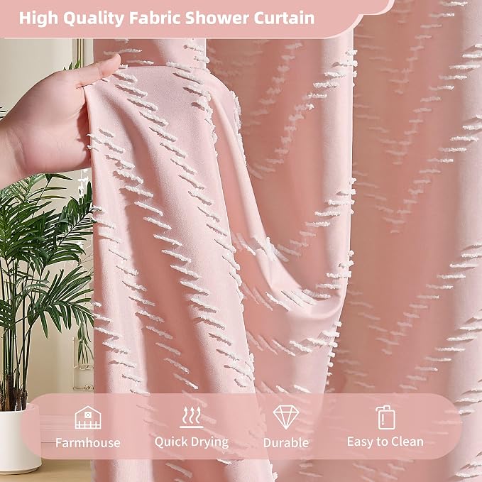 Siiluminisoy Pink Shower Curtain with Tassel Woven Fabric Boho Shower Curtain Cute Farmhouse Textured Tufted Chevron Striped 72 x 72 Bathroom Shower Curtain