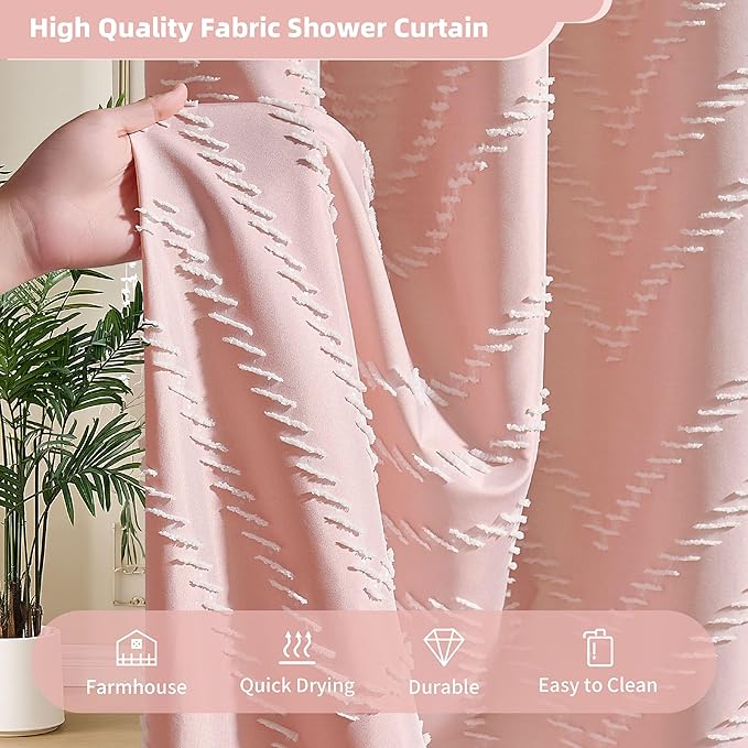 Extra Long Pink Boho Shower Curtain with White Tassel, Woven Fabric 84 in Shower Curtain, Tufted Chevron Striped, 72 x 84, Modern Chic Textured Minimalist Cute Shower Curtain for Bathroom