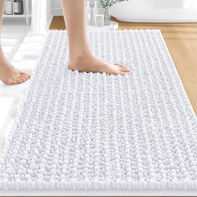 OLANLY Bathroom Rugs 34x21, Thick Soft Absorbent Chenille Bath Rugs | White, Shaggy Bath Mat with Quick-Drying Rubber Backing, Machine Washable for Floor, Tub and Shower, Home Decor Accessories
