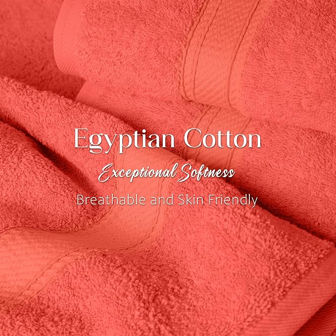 SUPERIOR Egyptian Cotton Ultra Plush & Absorbent, 12 Piece Set, Coral | Heavyweight 12 Pc Egyptian Cotton Towel Set Includes 4 Bath Towels 4 Hand Towels 4 Washcloths Decorative Rope Border