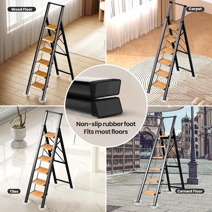 6 Step Ladder, Lightweight Folding Step Stool, Black+Wood Grain | Reach 12ft;Anti-Slip 7.9'' Wide Pedal;Portable Handrail;Space-Saving;For Kitchen, Home, Library, Office Use;300lbs Capacity
