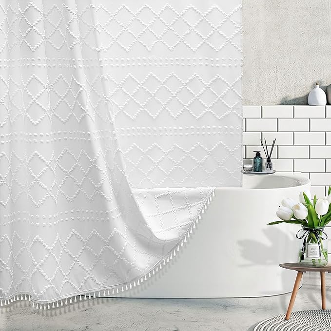 Stall Boho White Woven Fabric Shower Curtain with Tassels 54 x 72 Modern Farmhouse Minimalist Tufted Chevron Striped Shabby Chic Textured, Water Resistant Curtain for Bathroom, Hotel Decor