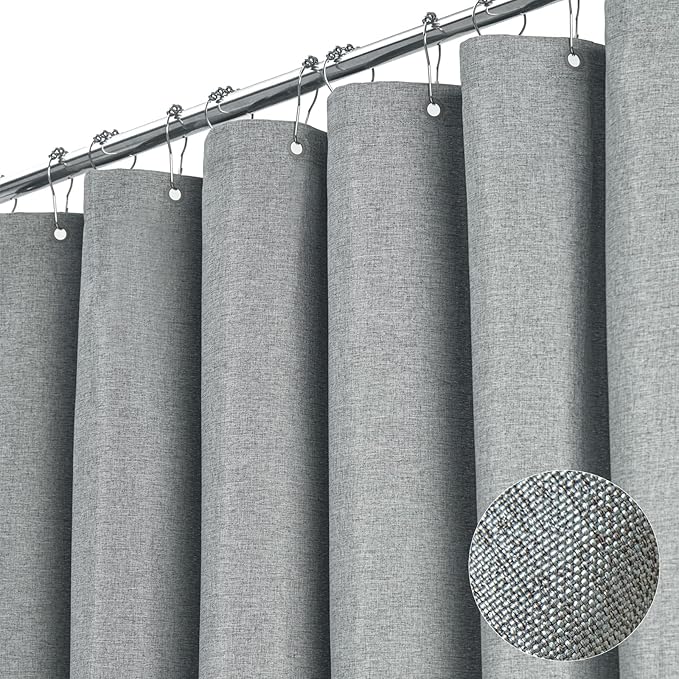 Narrow Long Linen Textured Fabric Shower Curtain, 60x84, Grey/Gray | Narrow Long Size, 230GSM Waterproof Polyester, Heavy Duty Cloth, Weighted Hem, 10 Hooks, Modern Hotel Style, Machine Washable