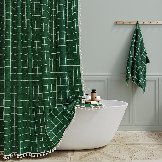 72x78 Boho Farmhouse Linen Heavy Duty Shower Curtain, Emerald Green | Long Size, 330GSM Linen Blend, 3-side Tassels, Water Repellent Fabric, 12 Plastic Hooks, Rustic Bohemian, Machine Washable