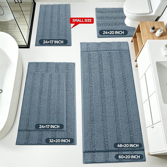 SmileYes Striped Haze Blue Bathroom Rug Set 3 Pieces Ultra Soft, Non Slip Chenille Bath Carpet, Absorbent Plush Shaggy Bath Mats for Bathroom, Bedroom, Stone Blue
