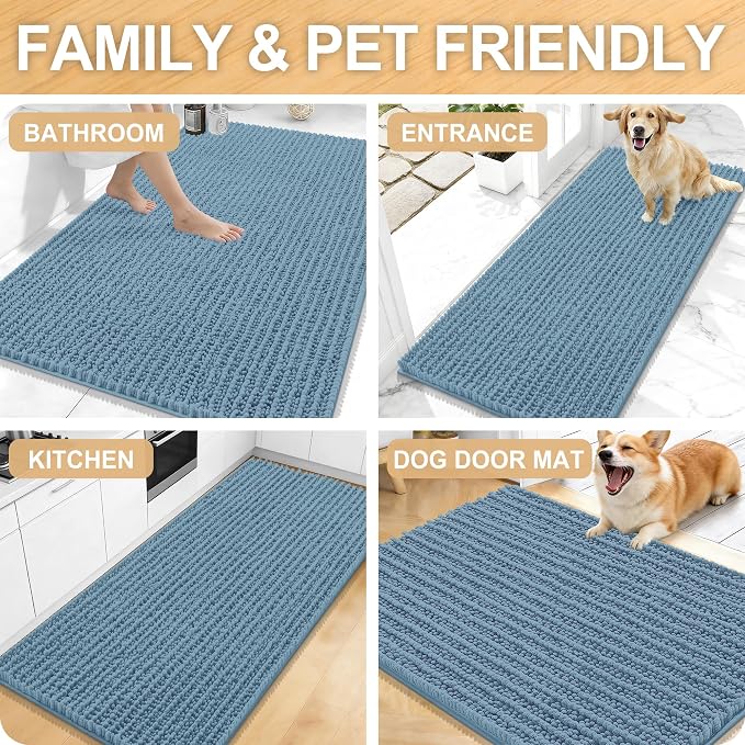 OLANLY Large Bathroom Rugs 59x35, Thick Soft Absorbent Chenille Bath Rugs | Airy Blue, Quick-Drying Rubber Backing, Shaggy Bath Mat, Machine Washable for Floor, Tub and Shower, Home Decor Accessories