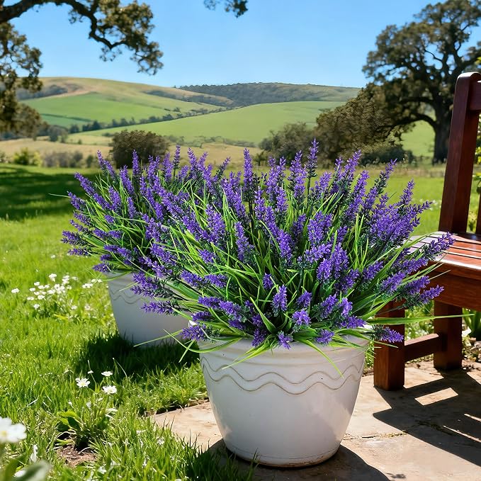 16PCS Artificial Flowers for Outdoors, Fake Lavender Plant, Purple | UV Resistant Fake Plants, Plastic, Filler for Hanging Baskets, Window Boxes & Planters, Porch, Patio Outdoor Decor