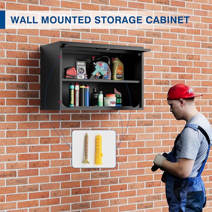 Fesbos Metal Storage Cabinet Black Wall Cabinets with Shelf and Locking Door - Wall Mounted Storage Cabinet for Garage Warehouse Home Office - Assembly Required