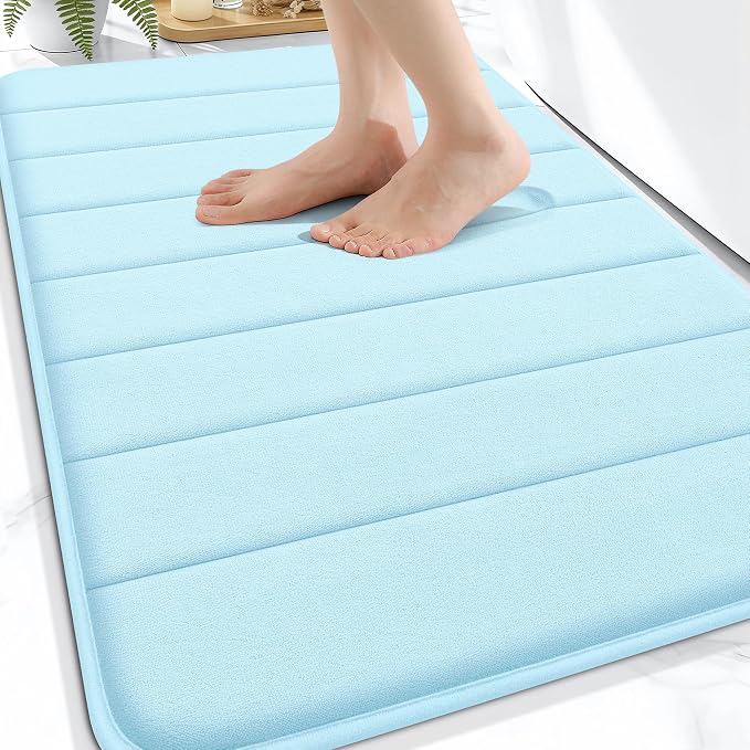 OLANLY Memory Foam Bath Mat 34x21, Super Soft and Absorbent Bathroom Rugs | Sky Blue, Quick Dry Bath Rug, Machine Washable Shower Floor Mats, Bathmat Carpet for Bathroom Floor, Tub and Shower