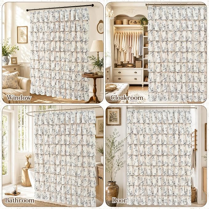 Yinhua Long Farmhouse Ruffle Shower Curtains for Bathroom, 72" Wx78 L | Black Floral Print, Ruflle Design, 12 Metal Hooks, Vintage Rustic Washable Waterproof Shower Curtain for Bathroom Bathtub