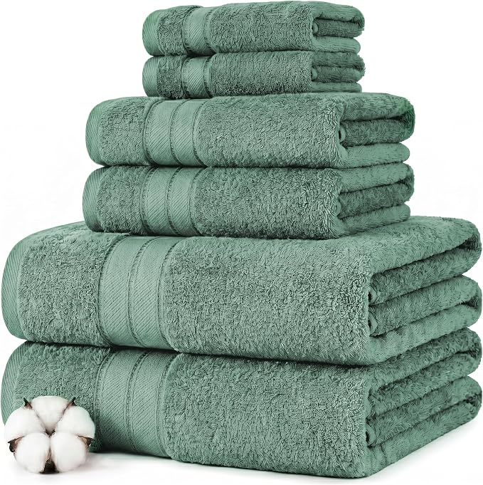 Modern Threads - Spun Loft 6-Piece 100% Combed Cotton Towel Set - Bath Towels, Hand Towels, & Washcloths - Super Absorbent & Quick Dry - 600 GSM - Soft & Plush, Eucalyptus
