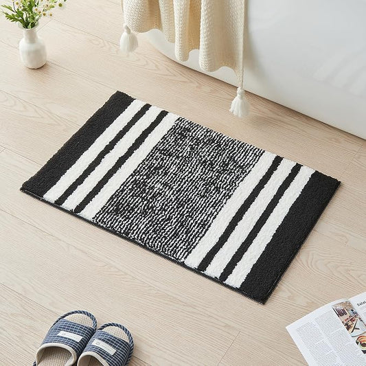 CozeCube Jet Black Striped 32"x20" Non Slip Washable Bath Mat | For Bathroom, Fluffy Absorbent Microfiber Bath Mats Machine Wash, Stylish Cute Aesthetic Bathroom Rugs