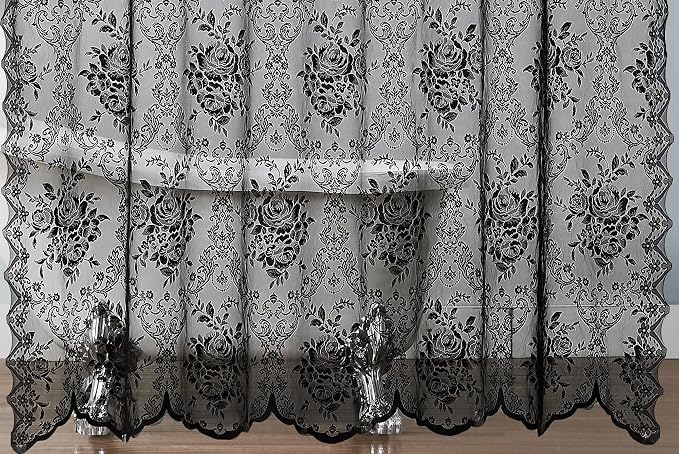 Warm Home Designs Black Lace Shower Curtain with Valance. LA Black 96 | Black Lace Shower Curtain 72 x 96 Inches with Attached Valance & 7 Tassels. Luxury Farmhouse Shower Curtains.