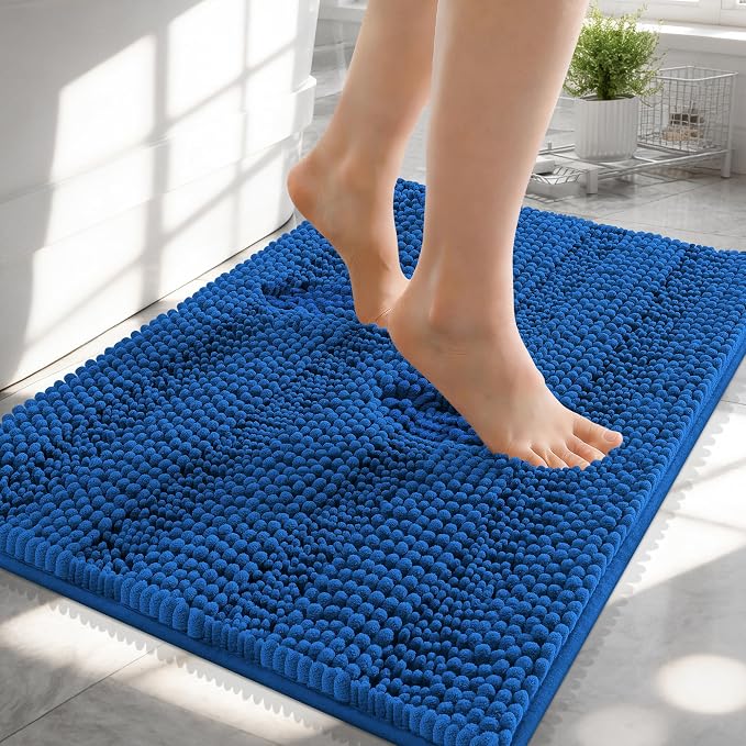 OLANLY Thick Small Bathroom Rugs 24x16, Chenille Bath Rugs, Deep Navy Blue | Rubber Backing, Machine Wash, Extra Absorbent Striped Bath Mats for Bathroom Floor, Tub and Shower, Home Decor Accessories