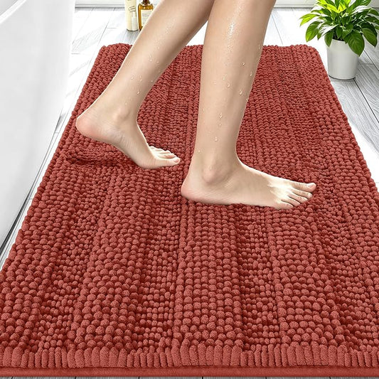 Smiry Thick Small Chenille Bathroom Rugs 24x16, Bath Mat, Rustic Terracotta | Quick‑Dry & Machine Washable, Non‑Slip Bath Carpet, Soft Striped Bath Rugs for Tub & Shower, Modern Home Decor Accessories