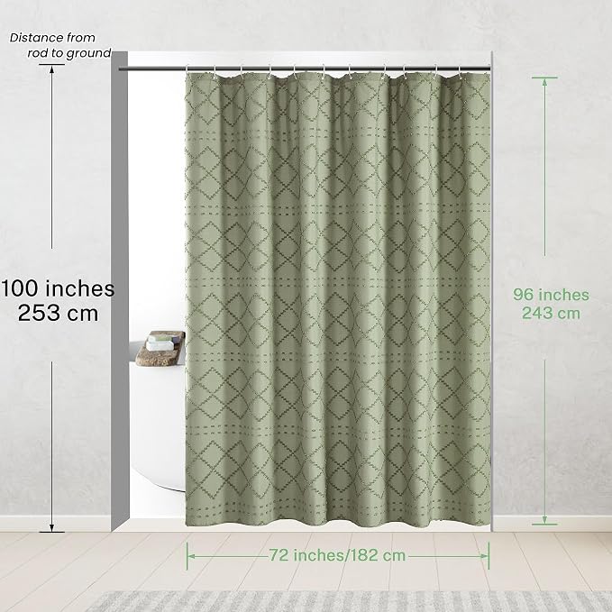 Siiluminisoy Extra Long Sage Green Boho Shower Curtain - Woven Fabric, 72 x 96 Inches, Tufted Chevron Textured Striped, Modern Farmhouse Minimalist for Bathroom