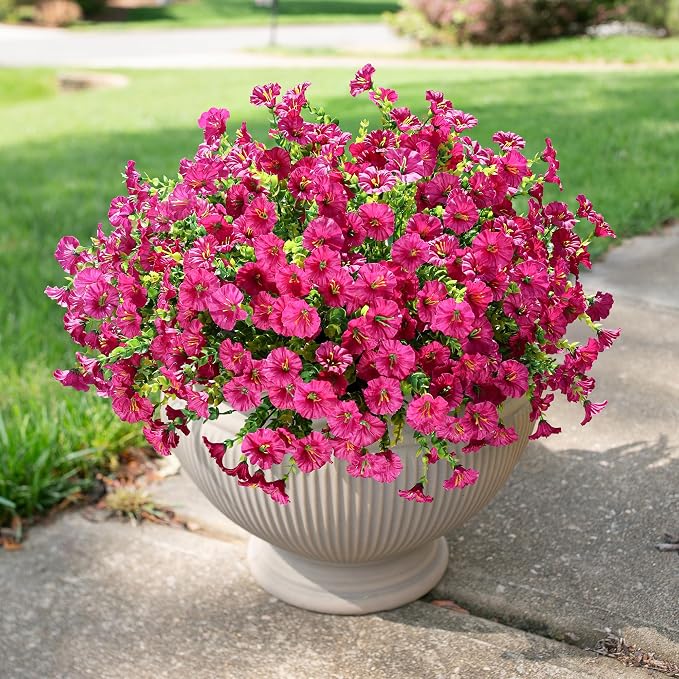 Artificial Flowers for Outdoors Fake Plants Outside Decoration, 12 Bundles Faux Fuchsia Morning Glory UV Resistant Look Real Silk Flowers for Outside Planter Front Door Porch Patio Yard Urn