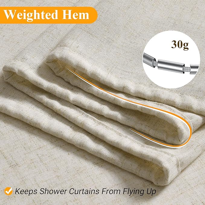 Light Beige Linen Shower Curtain, Country Boho Farmhouse Bath Decor Shower Curtains for Bathroom Neutral Cloth Weighted Textured Fabric Bath Curtain with Hooks, Light Beige, 72 Inch