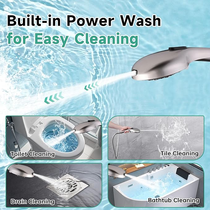 BRIGHT SHOWERS High Pressure Shower Head with Handheld, 9 Spray Settings Showerhead Built in Power Wash to Clean Tub and Pets, Extra Long 69" Hose, Adjustable Bracket, Brushed Nickel