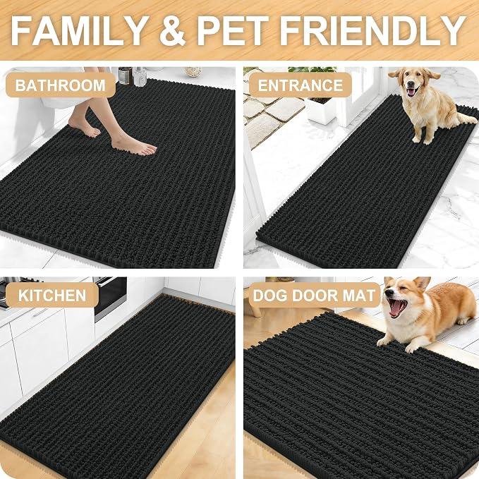 OLANLY Bathroom Runner Rugs 59x20, Thick Soft Absorbent Chenille Bath Rugs | Black, Quick-Drying Rubber Backing, Long Shaggy Bath Mat, Machine Washable for Floor, Tub and Shower, Home Decor Accessories