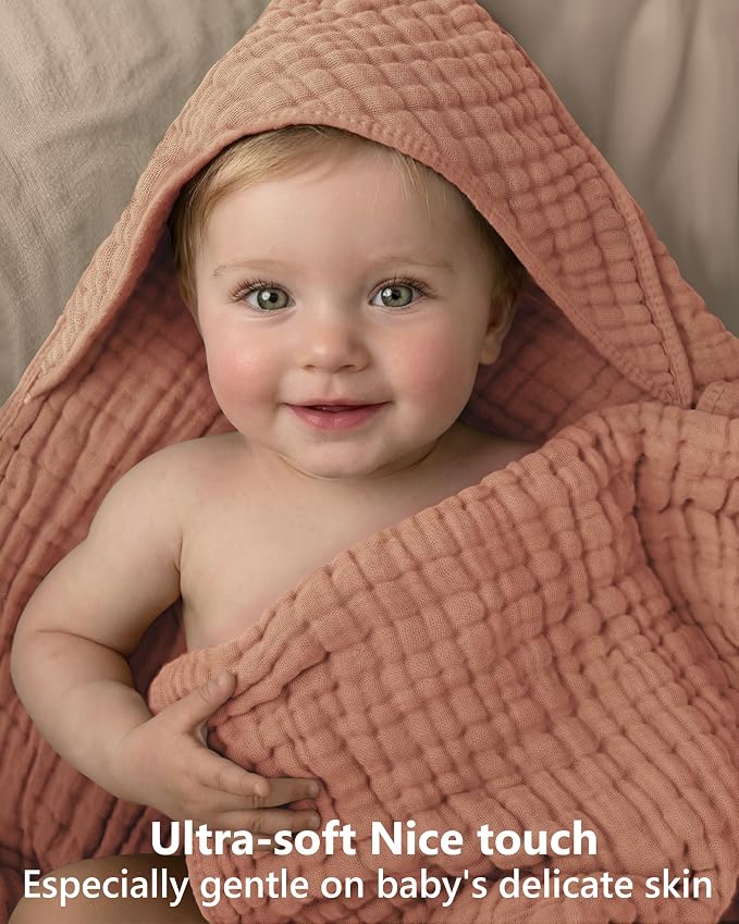 Baby Bath Towels, 100% Muslin Cotton Hooded Baby Towels for Newborn, 2 Pack Baby Towels with Hood for Infant Toddler and Kids, Large 32x32Inch Bath Essentials, Soft and Absorbent Orange Rainbow