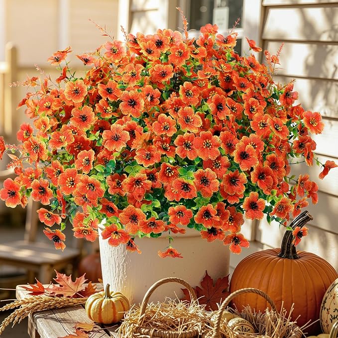 SHareconn 48 Bundles Artificial Flowers for Outdoors UV Resistant Decor | Artificial Fall Flowers Silk Violet Lavender, Faux Fall Flowers Outside for Patio, Porch, Garden, Yard and Home, Orange