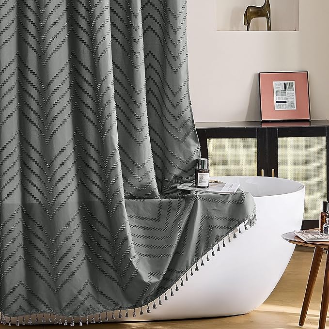 Siiluminisoy Extra Long Shower Curtains 72 x 84 Inches Tufted Chevron Gray Shower Curtains Fabric for Bathroom Modern Shabby Chic Waterproof Cloth Shower Curtain