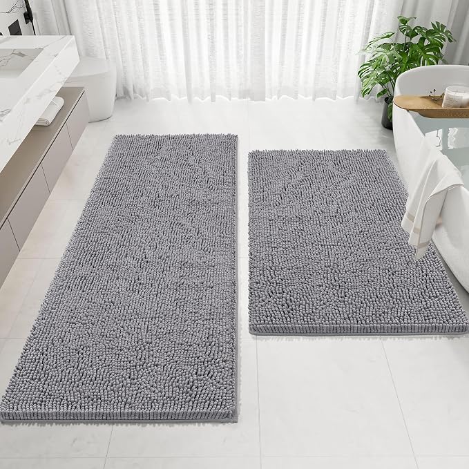 Bathroom Rugs Mat 72 x 24, Thick Soft Absorbent Chenille Bath Rugs, Rubber Backing Bath Mats for Bathroom Floor, Tub, Shower, Bedroom, Home Decor Accessories, Quick Dry Machine Washable, Grey