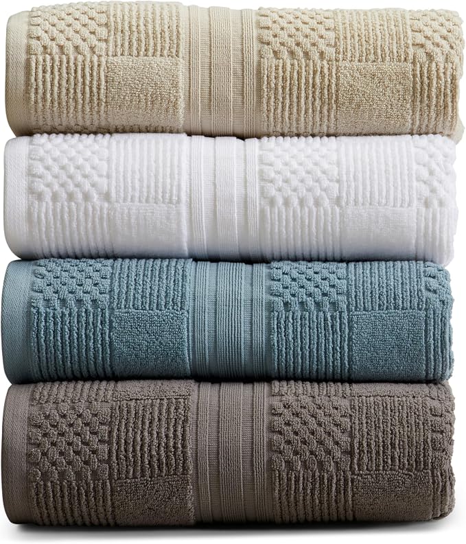 100% Cotton Bath Towel Set | 6-Piece Set | Textured | Blue | Luxury Geometric Design | Absorbent & Quick-Dry Bathroom Towels | Textured and Durable Cotton Towels for Bathroom | OEKO-TEX